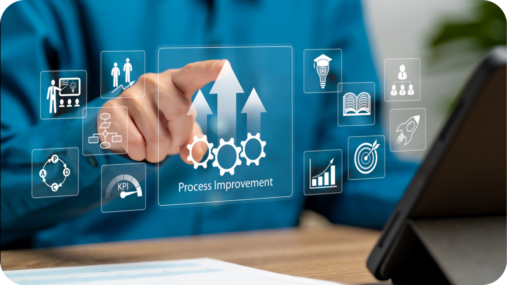 Business improvement represented by holographic icons showing process improvement 